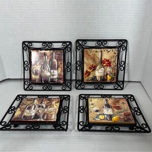 New View Tuscan Wine Wall Art 4 Metal Scroll Framed Tile Trivets Kitchen Decor
